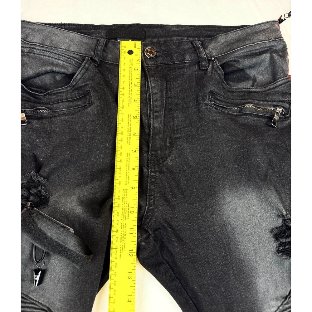 Distressed Moto Biker Jeans Mens 36 Black Red Stripe Punk Grunge Y2K Streetwear - Picture 7 of 11